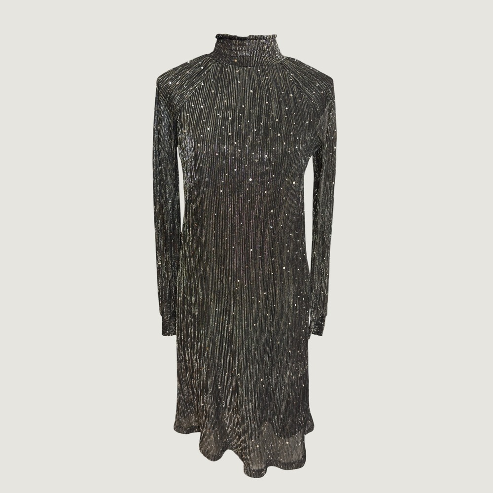 Mod Silver Black Disco Metallic Pleated Mock Neck Sequin Shift Dress Small
